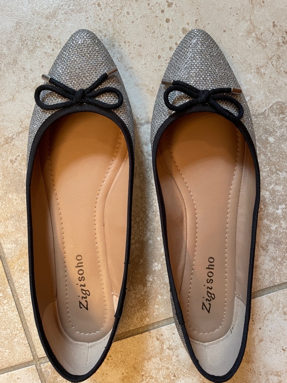 Zigi Soho Silver Glitter Pointed Ballet Flats with Black Trim